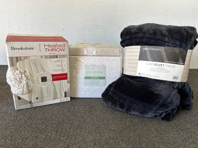 Charisma King Sized (6) Piece Sheet Set (New), Brookstone Heated Throw Blanket (New), Life Comfort Luxe Velvet Throw Blanket (New)