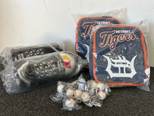 Genuine MLB/NFL Merchandise, Detroit Tigers Insulated Cooler Bag, Steelers Fleece Blankets (2), Boston Red Sox Key Chains (10)