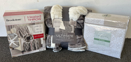 Charisma King Size (6) Piece Sheet Set (New), Brookstone Heated Throw (New), Life Comfort ‘The Ultimate Throw’ (New)