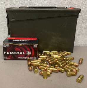 (50) Rounds Of Federal American Eagle .45 Auto 230 Grain Ammunition Cartridges W/ Metal Ammunition Box