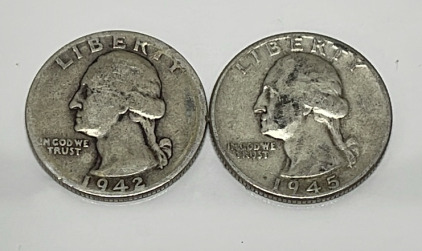 (2) Silver Washington Quarters Dated 1942 And 1945