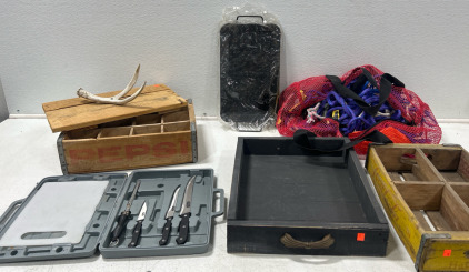 American Tool Exchange Knife set, Cast Iron Plate, (3) Wooden Dividers, Netted Bag & More