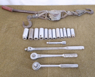 (1) Come-A-Long, (2) 1/2" Ratchets, (1) 1/2" Breaker Bar & Assorted Deepwell Sockets