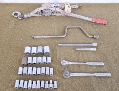 (1) Come-A-Long, (2) 1/2" Ratchets, (2) 1/2" Extensions & Assorted 1/2" Sockets
