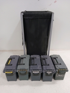 5)Plastic Ammo Cans and Laundry Hamper 27" Tall