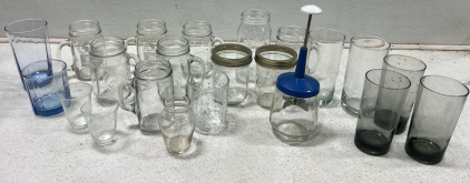 Assorted Glassware and Mason Jars