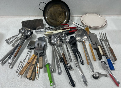 Various Kitchen Utensils, (2) Plates, pan