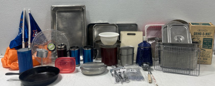 (2) Stainless Steel Canteens, Meat Grinder, Baking Dishes, Vintage Coffee & Tea Holder And More