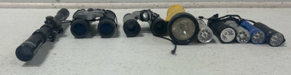 (6) Flashlights, Tasco Coated Scope, (2) Binoculars