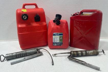 (2) Grease Guns, (3) Gas Cans