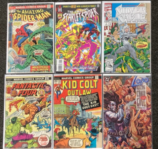 (5) marvel comics & a DC comic spider-man, silver sable, fantastic four, kid colt, & blazing chaio