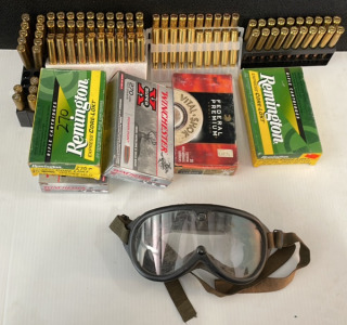 (5) Partial Boxes Mixed Ammo- (50) Rounds 270 & (35) Rounds 25-06 Rem W/ Vintage Wind Sun Goggles