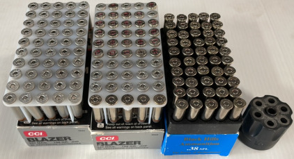 Unknown Cal Revolver Cylinder, (100) Rounds Blazer 357 Mag & (50) Rounds Black Hills Ammunition .38 Spl