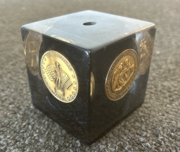 Pen Holder Bicentennial Coins Paperweight 1976 Black Gold Acrylic Encased