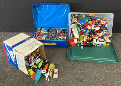 Small Tote Of Legos W/ 60+ Hotwheels & Matchbox