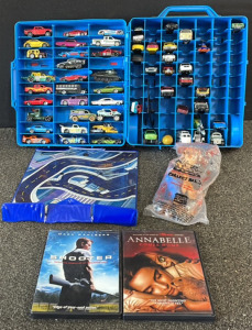 (50+) Hot Wheels In Carrier Case, Hot Wheels Mat, Toy Story Woody Doll, & (2) DVDs