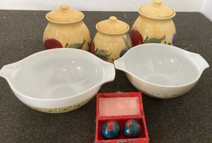 Chinese Relaxation Singing Baoding Balls, (2) Large Mixing Bowls, (3) Cookie Jars