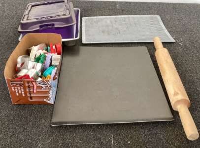 Vintage Wooden Rolling Pin, Cookie Cutters,& Pans