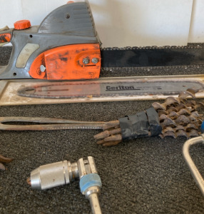Electric Chainsaw, Chainsaw Replacement Blade, Drill Bits, Hand Drill, & Pliers