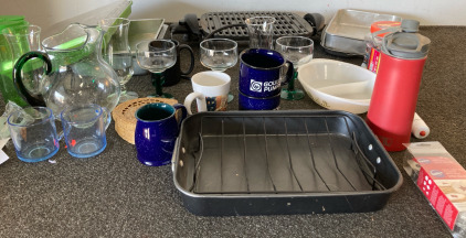 Portable Grill, Assorted Kitchen Mugs, Kitchen Trays, Ect