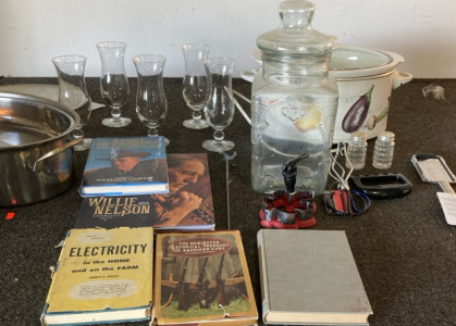 Crock Pot, Wine Glasses, Miscellaneous Books, & Kitchen Tools