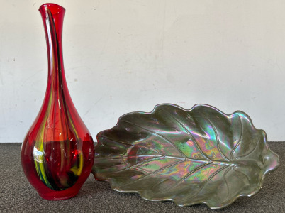 Murano Style Blown Glass Red Vase, Decorative Leaf Bowl