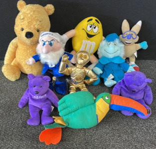 (9) Stuffed Animals Including Pooh Bear, Yellow M&M, Grumpy Dwarf, Star Wars Buddy & More