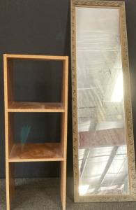 Wooden shelves, and mirror