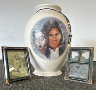 Native American Decorative Vase, (2) Small Frames