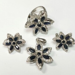 $1650 Silver Natural Sapphire Ring Earring And Pendant(15ct) CZ(1.3ct) Set