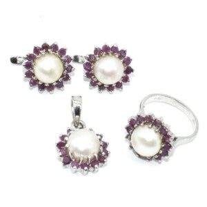 9.25 Silver & Ruby F W Pearl Jewelry Set (Ring Size 6.5)