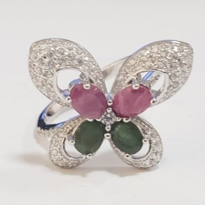 $300 Silver Ruby Emerald Ring