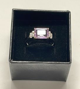 2ct. Emerald Cut Amethyst And Diamond In Sterling Silver (Size 8)