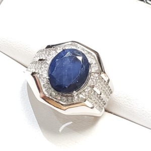 $200 Silver Rhodium Plated Sapphire(4.75ct) Men'S Ring