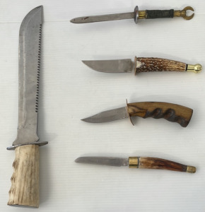 (3) Antler Handled Knives, Wooden Handle Knife & Letter Opening Knife