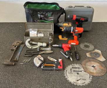 Tool Bag W/ Drills, Rodac Pneumatic Tool, Saw Blades, Assorted Tools & More