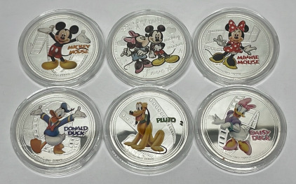 (6) Disney Characters Silver Plated Collectible Coins