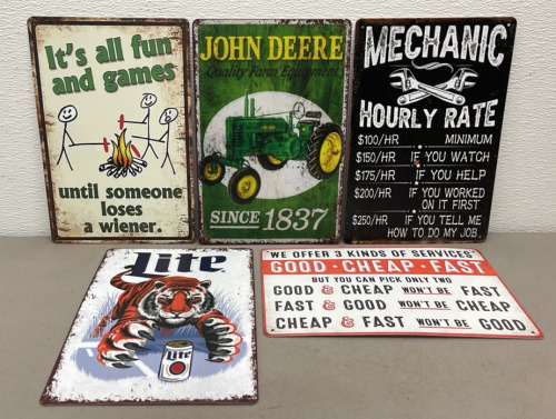 (5) Metal Signs 12”x 8”… John Deer, Miller Light, And More