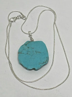 81.75ct. Turquoise Freeform Slice Gemstone Pendant W/ .925 Silver Necklace