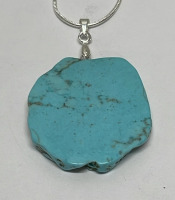 81.75ct. Turquoise Freeform Slice Gemstone Pendant W/ .925 Silver Necklace - 2