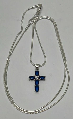 Blue Sapphire Cross Pendant W/ .925 Silver Necklace