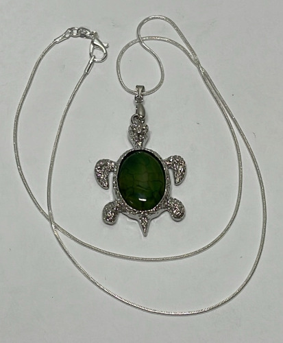 Tibetan Silver Green Dragon Veins Turtle Pendant W/ 24&rdquo; .925 Silver Necklace