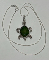 Tibetan Silver Green Dragon Veins Turtle Pendant W/ 24&rdquo; .925 Silver Necklace