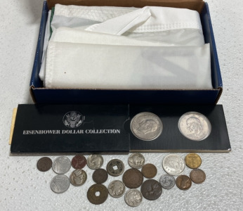 “Appeal to Heaven” Flag, (2) Eisenhower 1976 Coins, Assortment of Vintage and Foreign Coins