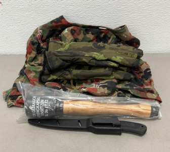 Camouflage Mitary Backpack, Pair Of Camo Military Shooting Gloves, Angler Tools Filet Knife, German Granade (Inert)