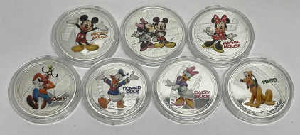 (7) Disney Characters Silver Plated Collectible Coins