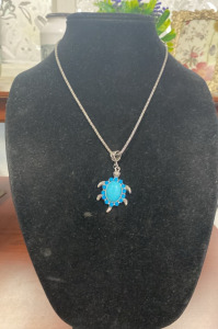 (1) Turquoise + Rhinestone Turtle Necklace