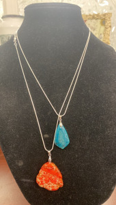 (1) 21.60 ct. Blue Dragon Veins Agate Gemstone .925 Necklace (1) 42.65 ct. Orange Sea Sediment Jasper .925 Necklace