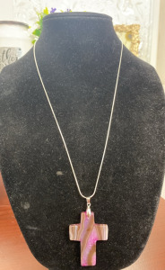 (1) 142ct. Natural MultiColored Agate Cross .925 Necklace