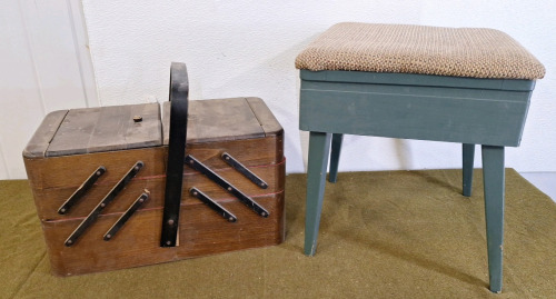 (1) Wooden Sewing Basket & (1) Stool W/ Under Seat Storage